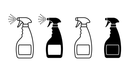 Collection of various outline spray bottles, with and without active mist, for cleaning purposes