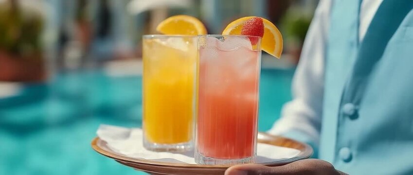 In the summer, a waiter at a posh resort is delivering glasses of iced tropical fruit juice to patrons by the pool.