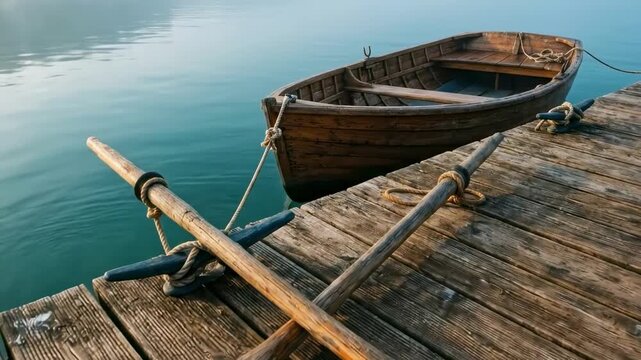 french coast - A serene wooden boat rests on a calm body of water, secured to a weathered dock, with rustic oars resting beside, reflecting tranquility and simplicity in nature