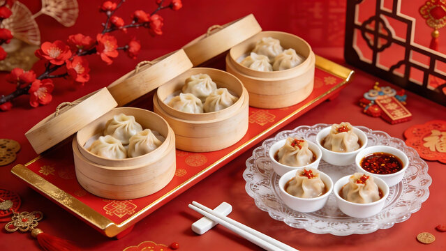 Dimsum siomay and hakau with chili oil, chinese new year food red hampers 