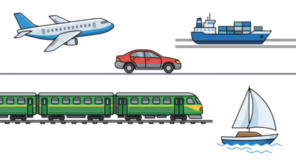 Illustrated collection of diverse transportation modes for air, land, and sea travel