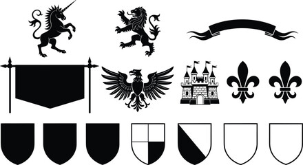 Medieval heraldry vector set with shields banners unicorn lion eagle castle fleur de lis symbols © Rozina Creative