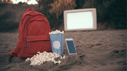 Red backpack popcorn bucket spilled popcorn smartphone outdoor movie night under open sky excited atmosphere