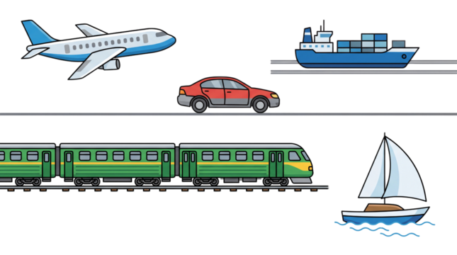 Illustrated collection of diverse transportation modes for air, land, and sea travel - Powered by Adobe
