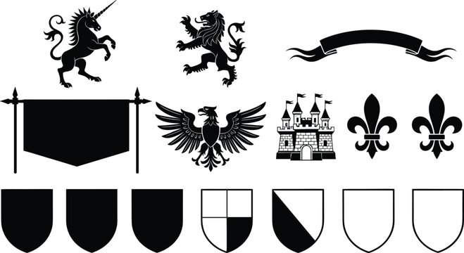 Medieval heraldry vector set with shields banners unicorn lion eagle castle fleur de lis symbols