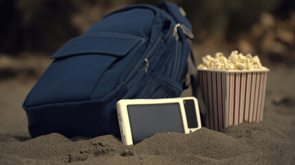 Blue backpack phone and popcorn on sandy beach creating relaxed summer scene