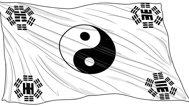Yin yang symbol on flag with i ching trigrams in black and white design