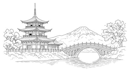 Traditional japanese temple with bridge and mountain in detailed line art