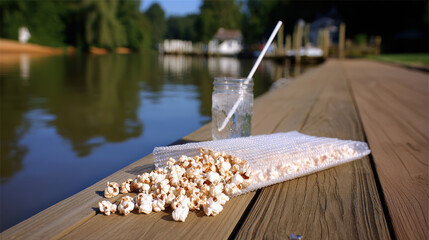 Popcorn spilled on wooden dock beside mason jar with straw, peaceful lakeside snack scene with summer light