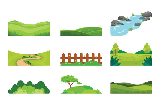 Green landscape nature elements. Vector set of grass hills river and fences for summer outdoor scene construction