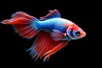Fototapeta premium Vibrant Blue and Red Betta Fish Swimming Isolated on Black Background