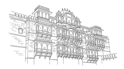 Fototapeta premium Detailed architectural outline of historic indian palace in linear style