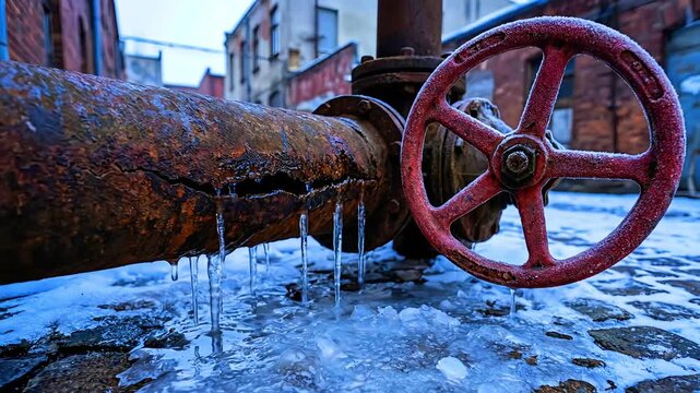 Close-up view captures a heavily rusted industrial water pipe with a bright red valve covered in frost, showing ice dripping in freezing winter conditions.