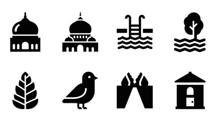 Obraz premium Black and white silhouette icons of buildings, nature, and birds