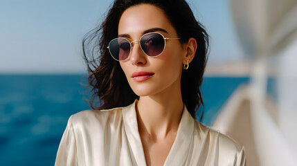 Confident Elegant Woman in Sunglasses on Luxury Yacht at Sea