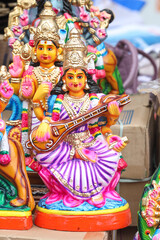 Hindu goddess Saraswathi  dolls displayed for sale in a shop for the golu festival
