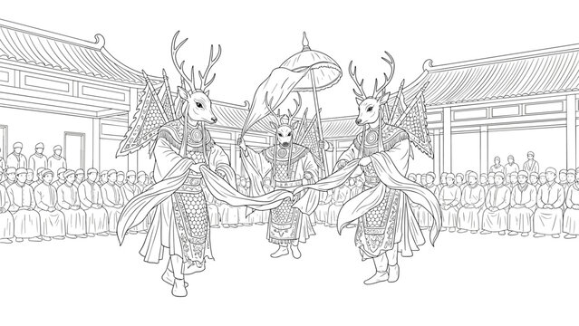 Traditional deer mask dance in historical asian setting with intricate costumes and architecture