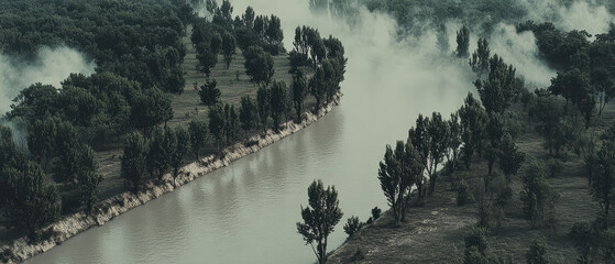 River lined with foggy poplar trees and misty riverside landscape evoking calm mood