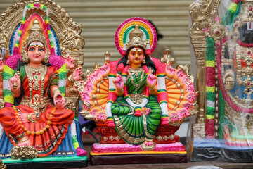 Hindu goddess Amman and Mahalakshmi dolls at street Market for golu festival