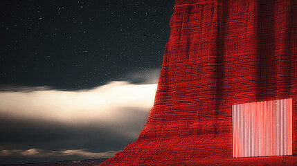 Red sandstone cliff illuminated at night with starry sky and glowing rectangular light panel creating dramatic contrast and serene atmosphere