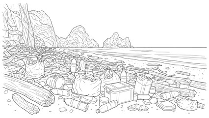 Fototapeta premium Coastal pollution: detailed linear beach cleanup scene with plastic waste