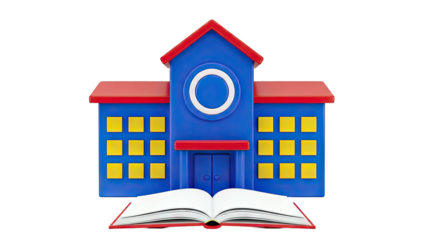 3D Render of a Blue School Building with an Open Book