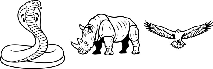 Fototapeta premium Cobra Rhino and Eagle Black and White Illustration Set
