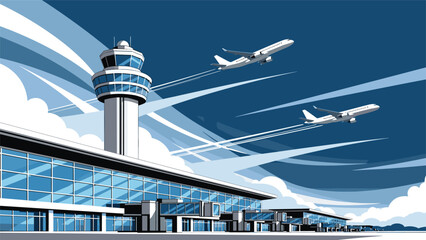 Modern airport terminal with a control tower and two large commercial airplanes taking off into a blue sky with white vapor trails.