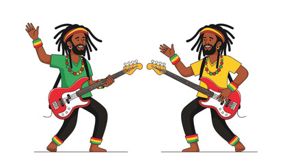 Two cheerful reggae musicians with long dreadlocks and traditional hats playing electric bass guitars and waving in a colorful music theme.