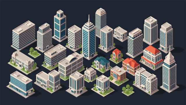 Comprehensive set of isometric city buildings including skyscrapers, offices, residential houses, and small shops on a dark blue background.