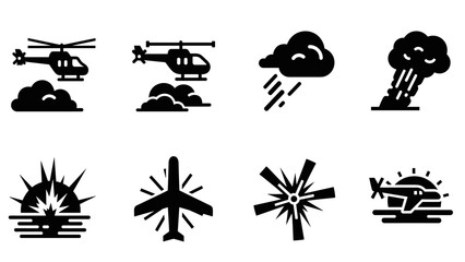 Obraz premium Silhouette set of helicopter, plane, explosion, and weather icons in bold style