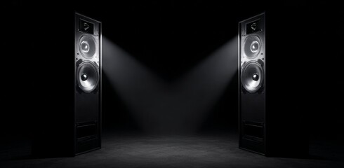 Two sound speakers on black background with free space between them for copy; professional audio equipment setup