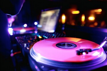 Vintage Vinyl Record Turntable Playing with Vibrant Pink and Blue Lighting