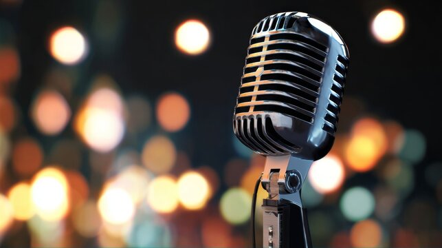 Retro microphone on stage with bokeh light; vintage mic closeup against a blurry glowing background for music performance and concert concepts