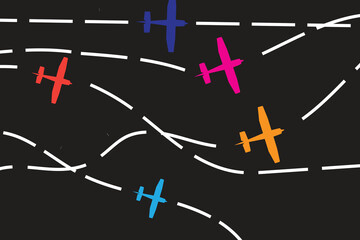 A minimalist graphic illustration depicts five brightly colored, stylized airplanes against a solid black background. Each plane&mdash;in colors like red, pink, orange, and blue&mdash;follows a distinct, winding 