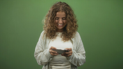Woman holding smartphone, thumbs typing and smiling while looking down in studio; joyful connection moment.
