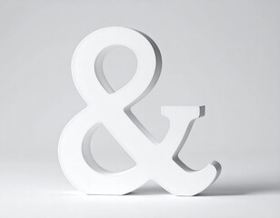 A large, white ampersand stands on a white surface, casting a soft shadow. The simple design emphasizes its curvy shape and elegant presence