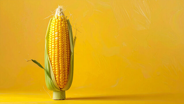 Fresh, pesticide-free sweet corn on the cob, with green leaves, placed against a yellow background, illustrates the nutritional value of raw sweet corn and ripe agricultural crops.