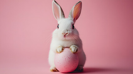 Obraz premium Cute bunny sitting on pink egg during spring