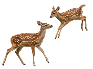 Dynamic duo of graceful young spotted fawns, one standing calmly and the other playfully rearing on hind legs, captured beautifully isolated on transparent background.