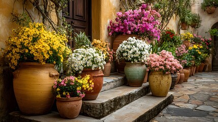Fototapeta premium Collection of terracotta pots filled with vibrant yellow, pink, and white flowers arranged on stone steps in sunny daylight.