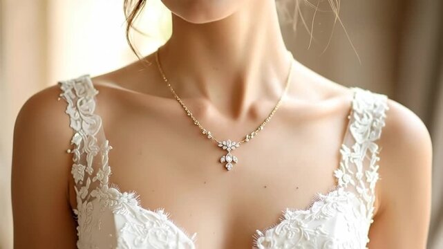 Close-up of a bride wearing an elegant white lace dress and a gold necklace.