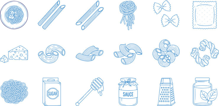 Kitchen ingredients and pasta types outline vector icon collection