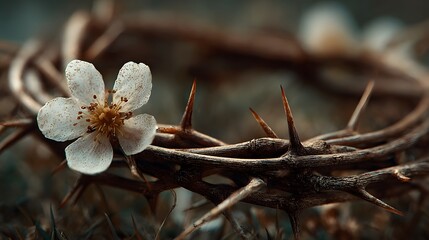 Fototapeta premium Conceptual image of a crown of thorns woven into a circle featuring a single white flower against a blurred rustic meadow background.
