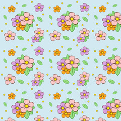Seamless Pattern of Colorful Flowers and Leaves