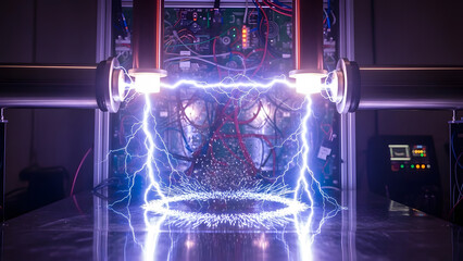 Voltage Electric Discharge Between Two Metal Spheres in a Laboratory Setting with Bright Blue