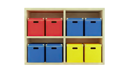 Colorful Storage Boxes on a Wooden Shelf