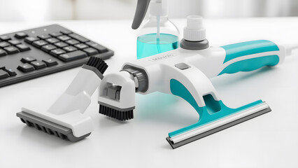 White and blue cleaning tool with brush and squeegee attachments on a white desk with a