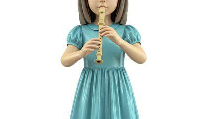 Girl in blue dress playing a wooden recorder