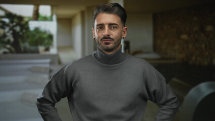 Fototapeta premium Man in gray sweater stands with hands on hips near stacked towels and sauna heater in spa; calm confidence.
